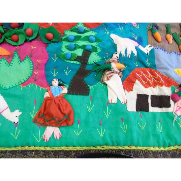 '71 Peruvian Mercado Market Tapestry Handcraft Appliqué Folk Art Peru Arpillera - Picture 6 of 10